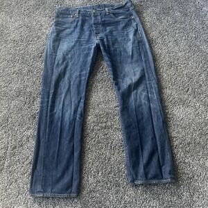 Levis 501 Mens Jeans 36x30‎ Dark Wash Blue Button Fly Straight Leg Denim